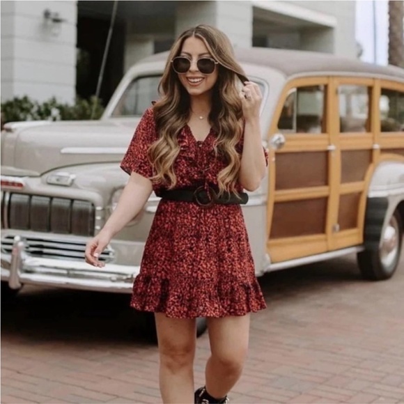 Buddy Love Red Cheetah print Trixie Ruffled Mini Dress Medium - Picture 11 of 11